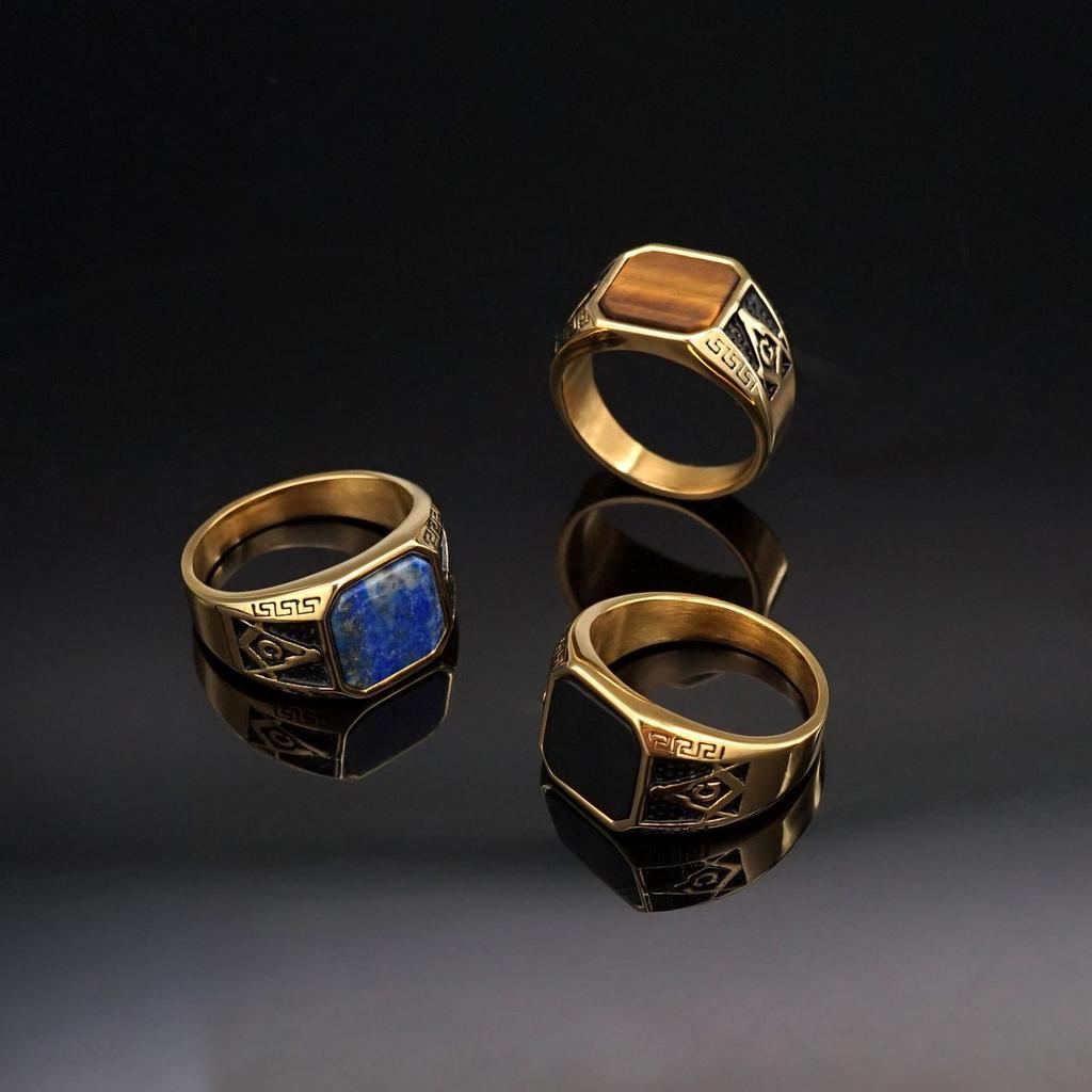 Ring New Golden Classic Retro Ring Frosted Lapis Lazuli Rough Stone Freemasonry AG Men's Ring