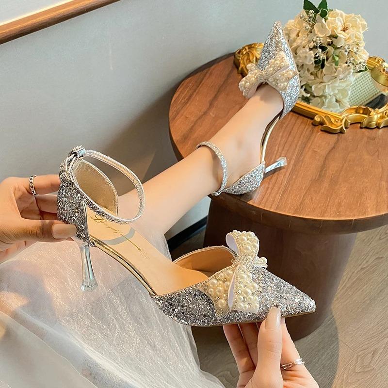 Fashion 2024 New Pearl Bowtie Thin Heels Wedding Shoes Women Bing Shiny Ankle Strap Pumps Woman Sexy Pointed Toe Sequins High Heel Shoes