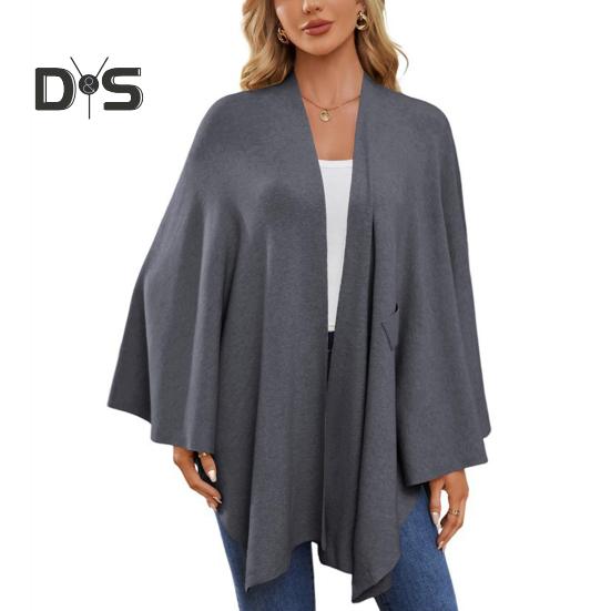 

Плащ-топ женский однотонный цвет рукава летучая мышь стиль шаль пальто средней длины крест-накрест дизайн плащ стиль блузка темно-серого