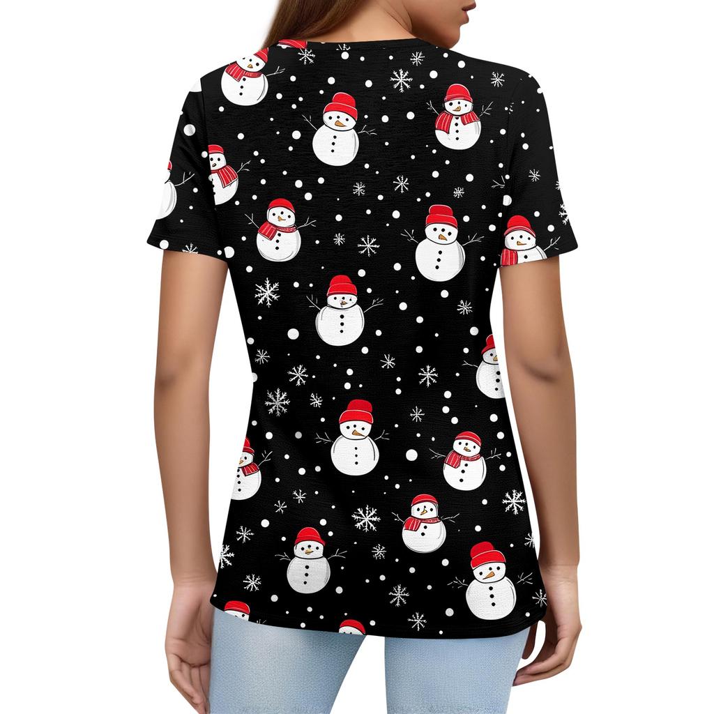 Women's T Shirt Christmas Print Button Short Sleeve Daily Weekend Fashion Basic V- Neck Regular Top