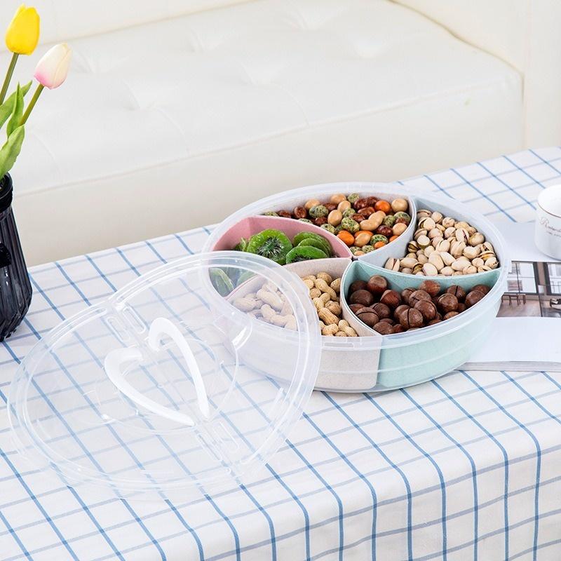 Divided Serving Tray Snack Plate with Lid Fruit Plates Compartment Candy Box Multi-function Food Storage Tray Household Gadgets