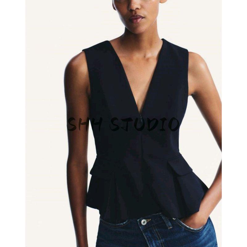 Autumn New Women's Clothing Pleated Decoration V-neck Sleeveless Vest Cropped Short Skirt Hem Tops 2180131