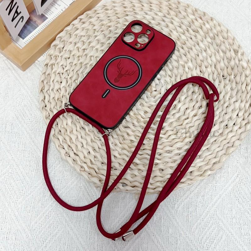 

Crossbody Lanyard Case For iPhone 17 16 Pro Max 16E 11 12 13 14 15 Plus for Magsafe Magnetic Strap PU Leather Deer Soft Cover for iPhone 16E&Case & Strap