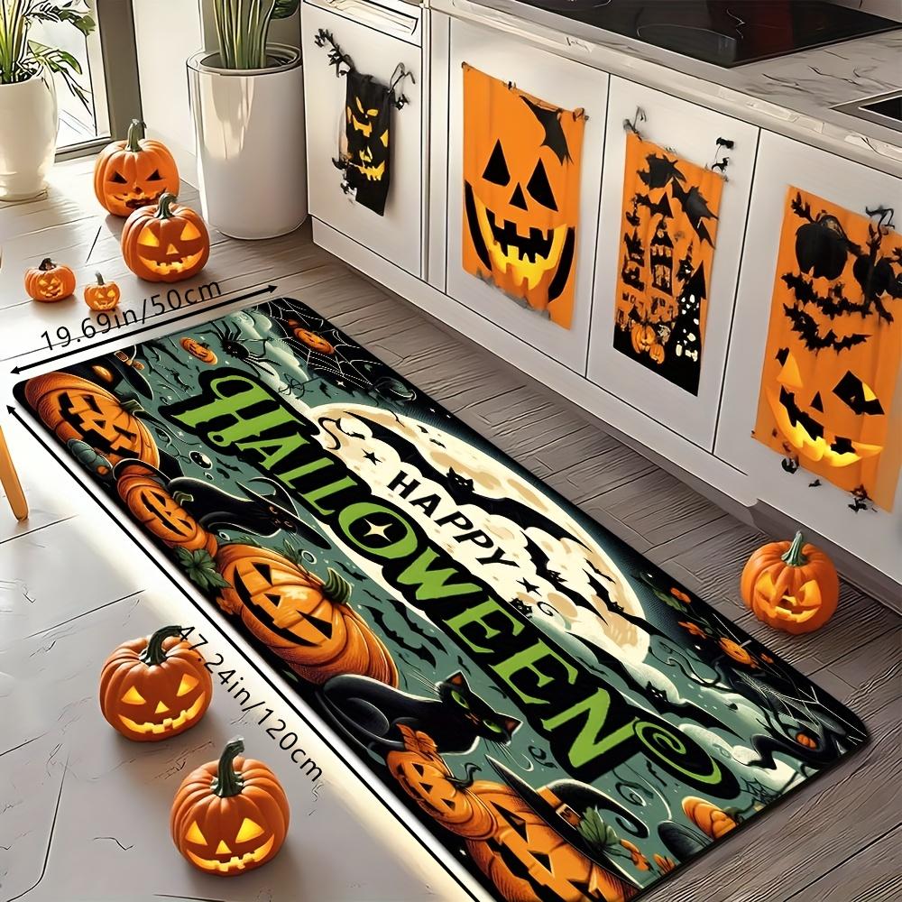 Halloween Pumpkin Cat Print Doormat, Spooky "Happy Halloween" Kitchen Rug, Absorbent Non-Slip Machine Washable Door Mat