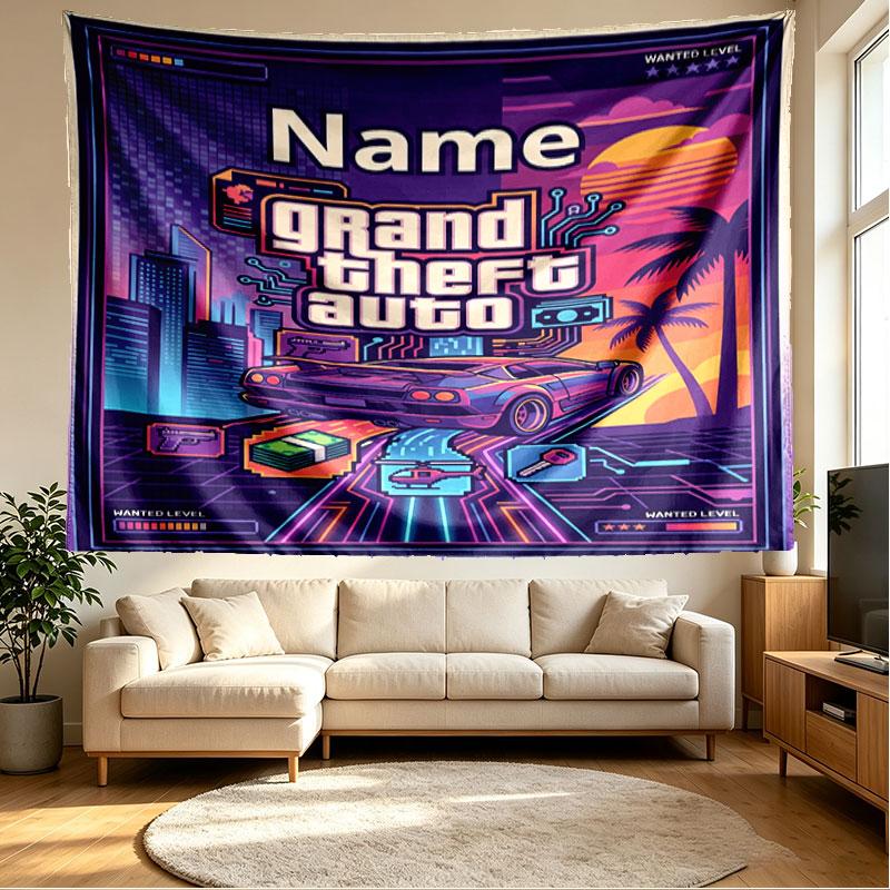 Custom Name Personalized Grand Theft Auto Print Tapestry, Wall Art Decor, Bedroom, Dorm, Apartment, LivingRoom, Party Backdrop, Gift for Birthday