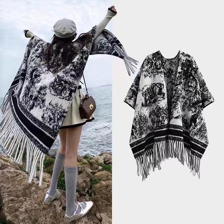 Ethnic Ink Painting Tassel Shawl Cape - Imitation Cashmere, Women's Travel Outfit