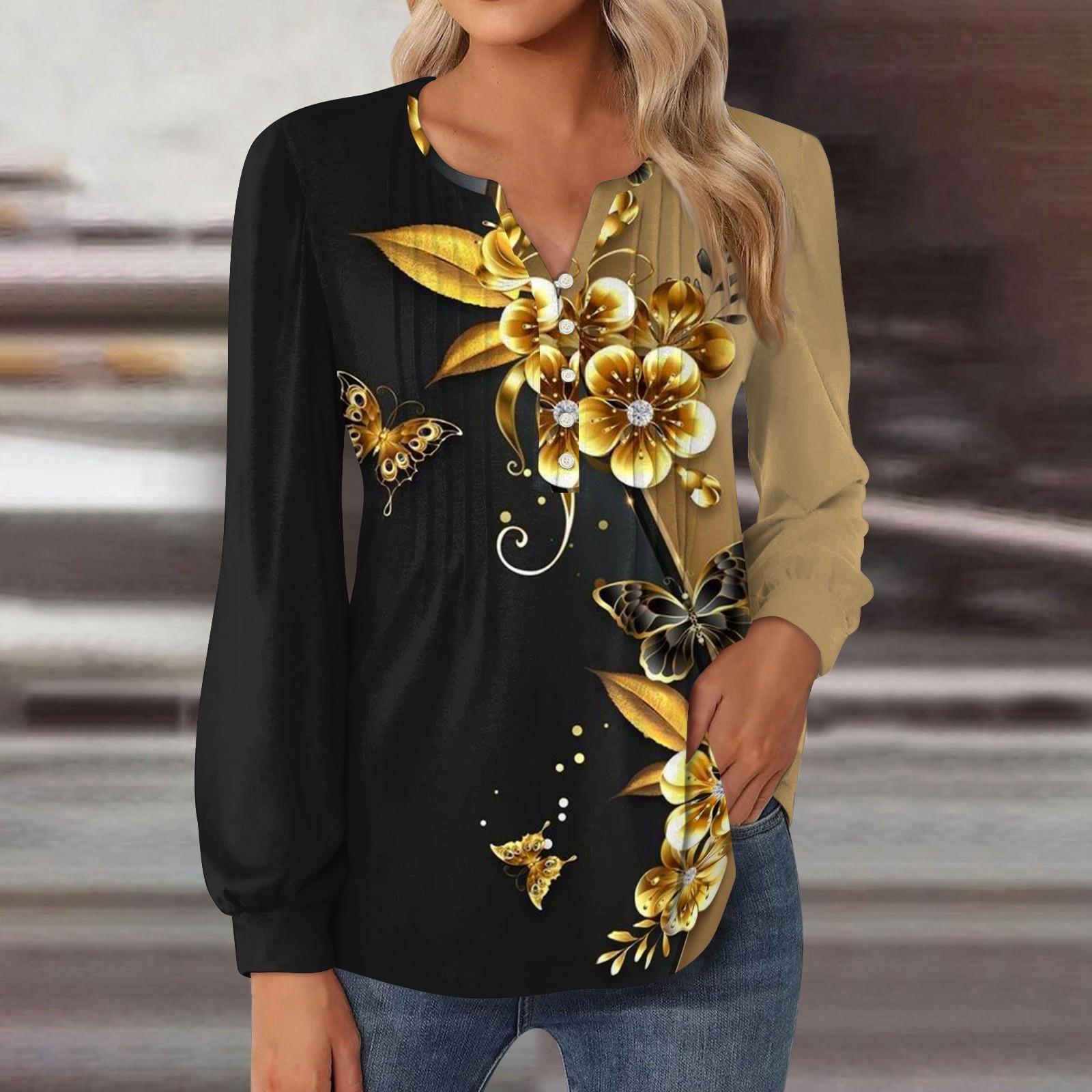 

Женский топ с градиентом, круглым вырезом и длинными рукавами, плиссированная футболка на пуговицах XXL золотой