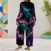 Women Plus Size Round Neck Long Sleeve Colorful Printed Top Wide Leg Pants Two Piece Set
