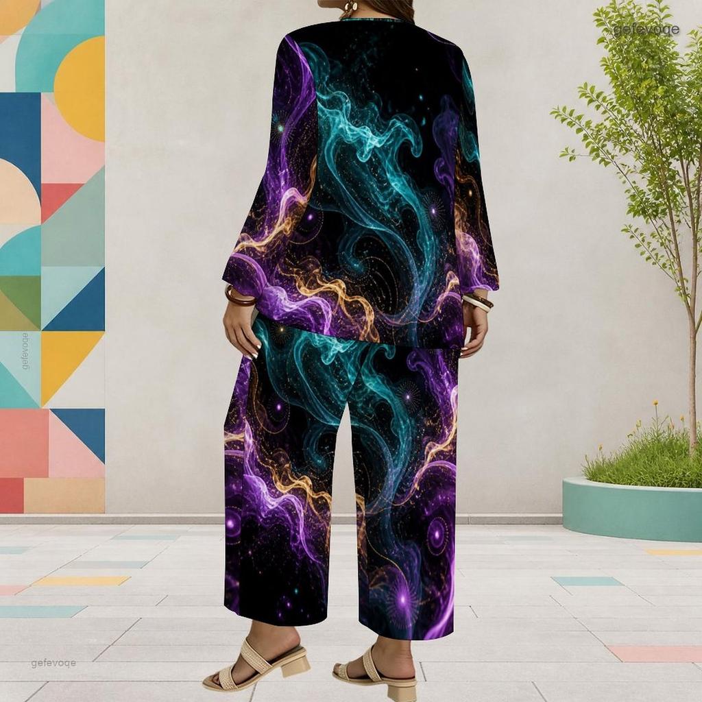 Women Plus Size Round Neck Long Sleeve Colorful Printed Top Wide Leg Pants Two Piece Set