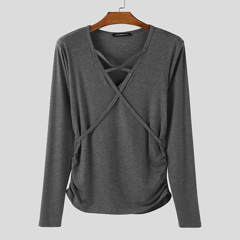 INCERUN Men Long Sleeve V Neck Bandage Fitted Casual Undershirts Tops T-shirts