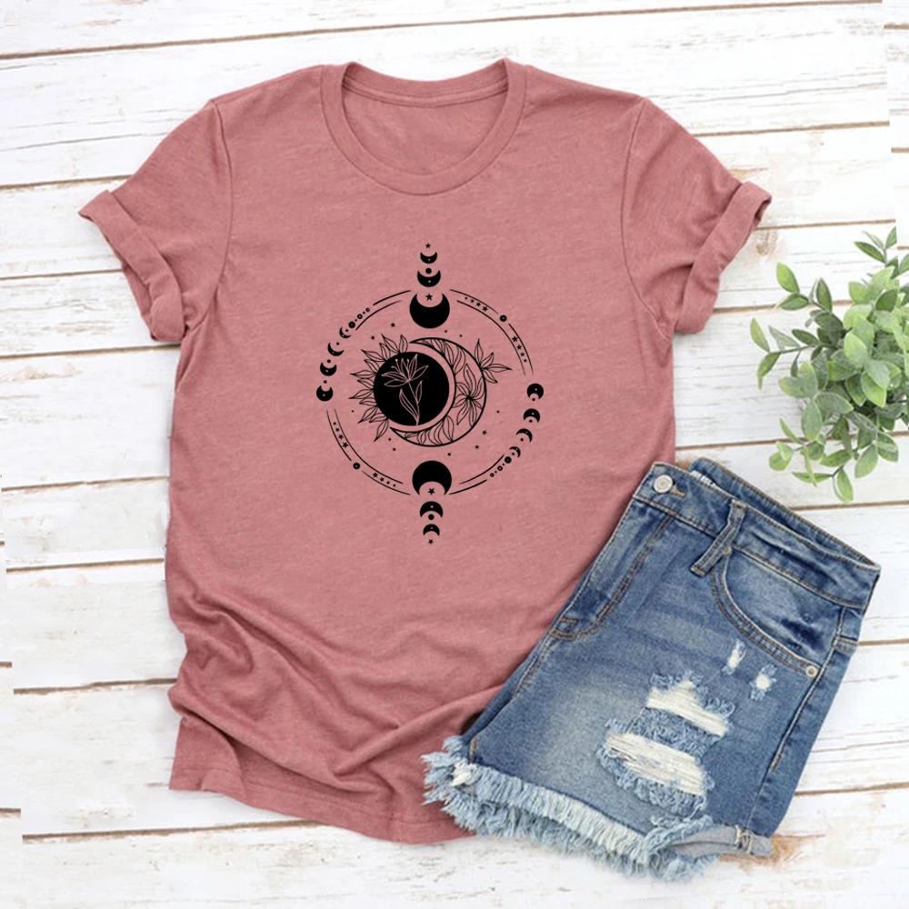 Mystic Moon and Sun T Shirt Mystical Moon Phase TShirt Women ONeck Tshirts Short Sleeve Moon T Shirt Women Clothes Streetwear