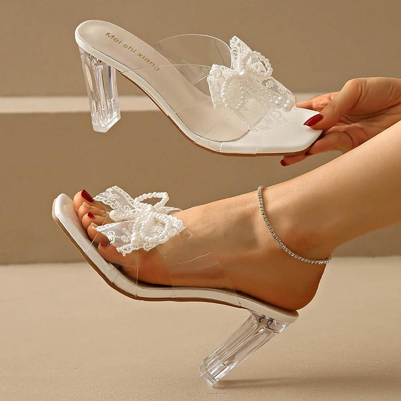 Fashion Lace Pearl Bowknot High Heel Slippers for Women Summer Square Toe Transparent Heeled pvc Sandals Woman Fashion Party Dress Shoes
