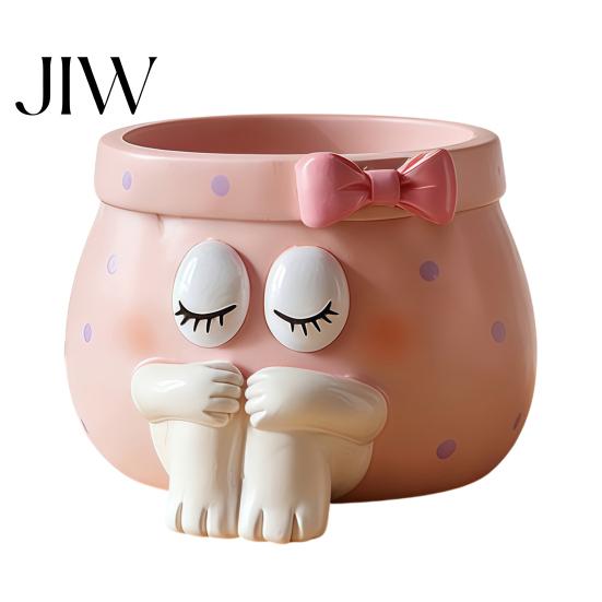 Desktop Storage Accessories Cute Cartoon Girl Pen Holder, Resin Makeup Brush Decorative Holder Organizer with Bow Design, Sundries Bucket for