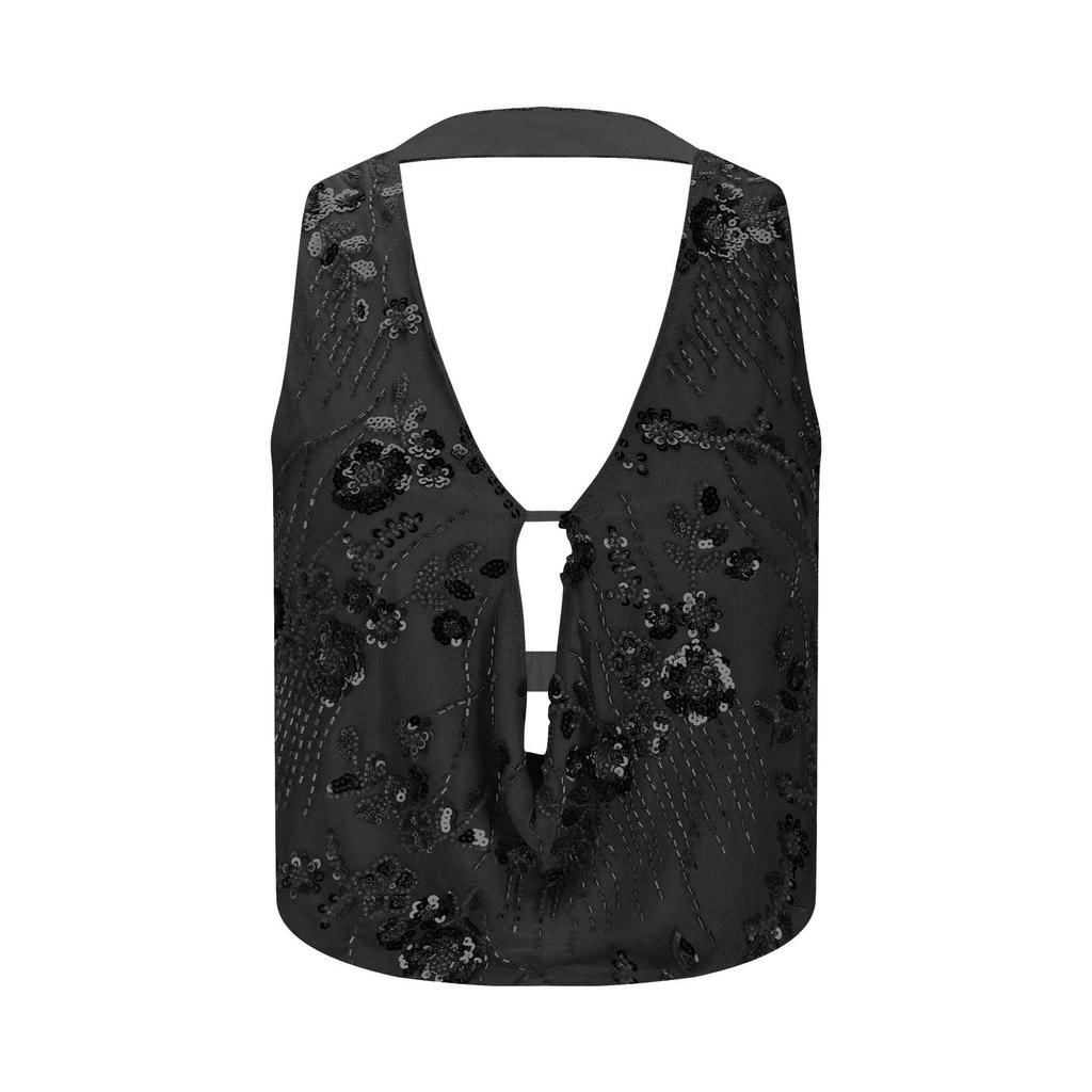 Ladies' Hollow Sequined V-neck Sleeveless Hanging Neck Backless Slim Fit Top