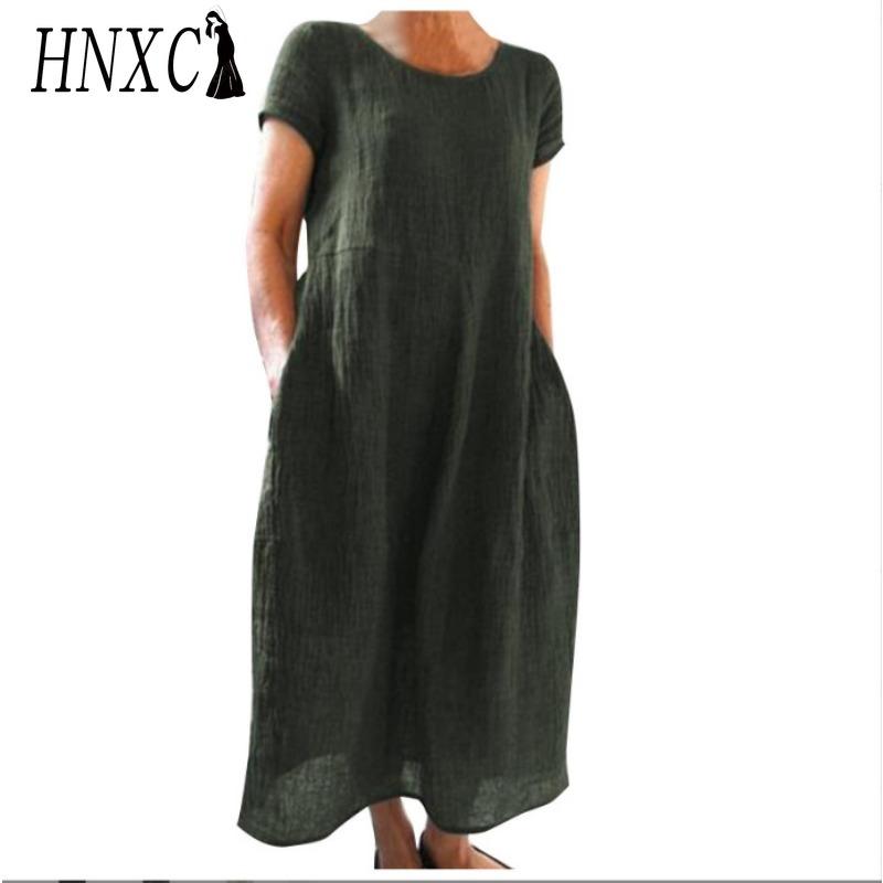 HNXC Women's Fashion Summer Spring Solid Color Print Short Sleeve O-Neck High Waist Casual Dresses