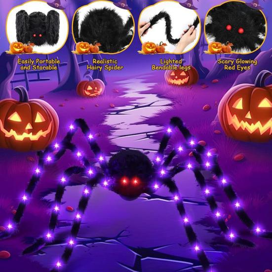 Halloweenský obří svítící pavouk Strašidelný realistický chlupatý LED pavouk s ohebnýma nohama pro vnitřní venkovní Halloweenskou zahradní domácí výzdobu