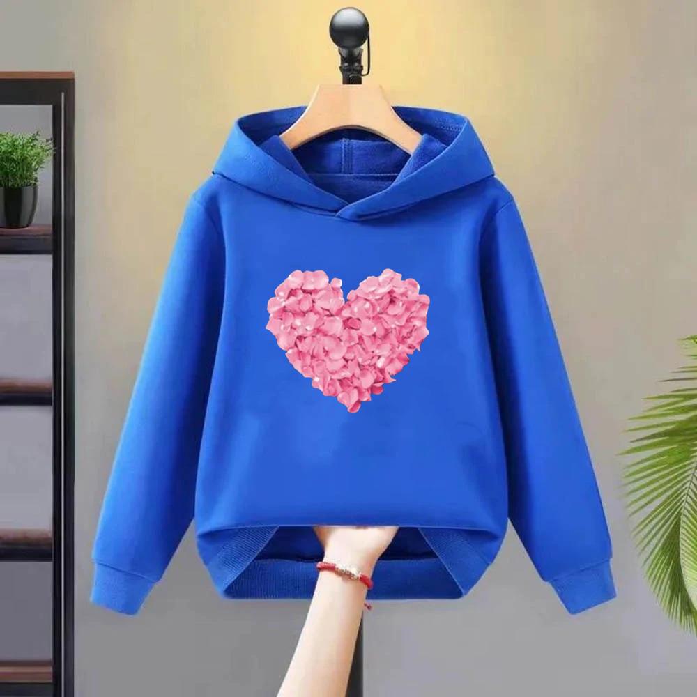 Black Children‘s Hoodie Autumn Winter Warm Clothes Sets For Girls Heart Print Top Coat Daily Causal Sports Loose Lounge Wear