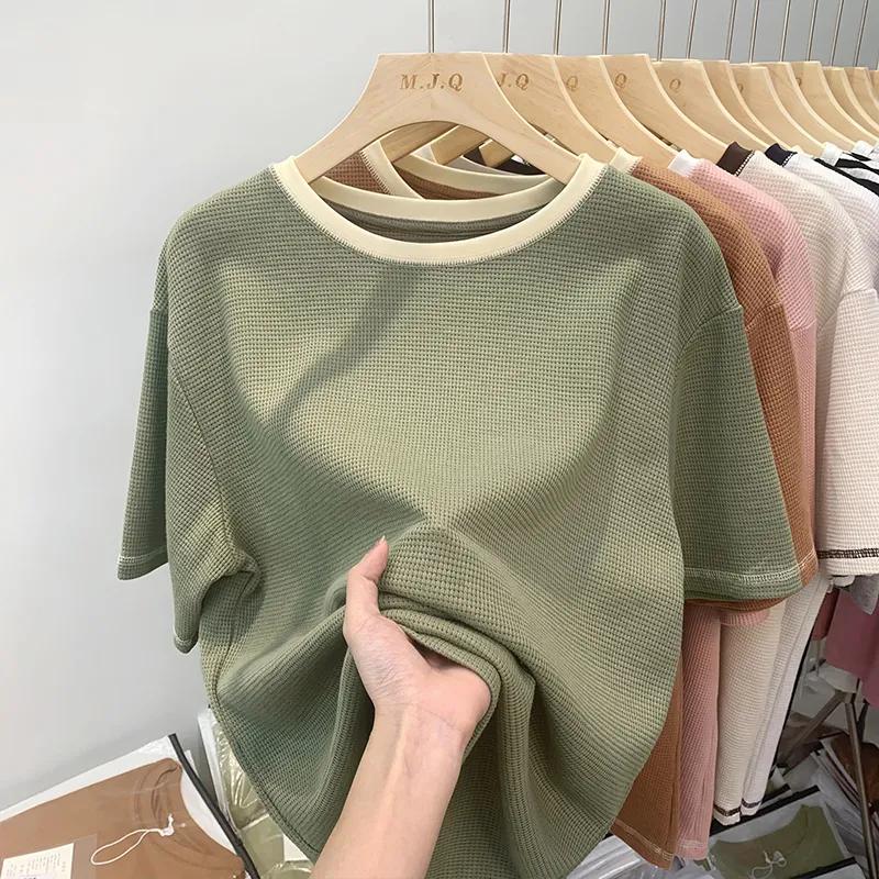 

Женская зеленая вафельная футболка с коротким рукавом, повседневная, свободного кроя, с контрастной горловиной M зелёный