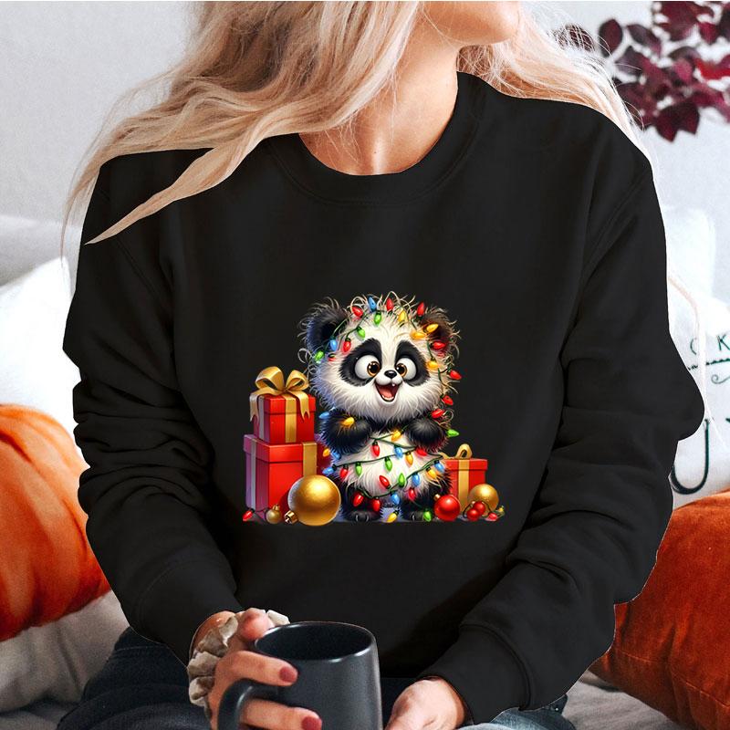 Merry Christmas Cartoon Panda Lights Design Women Sweatshirt Graphic Christmas Kawaii Cartoon Panda Gifts Holiday Sweatshirts