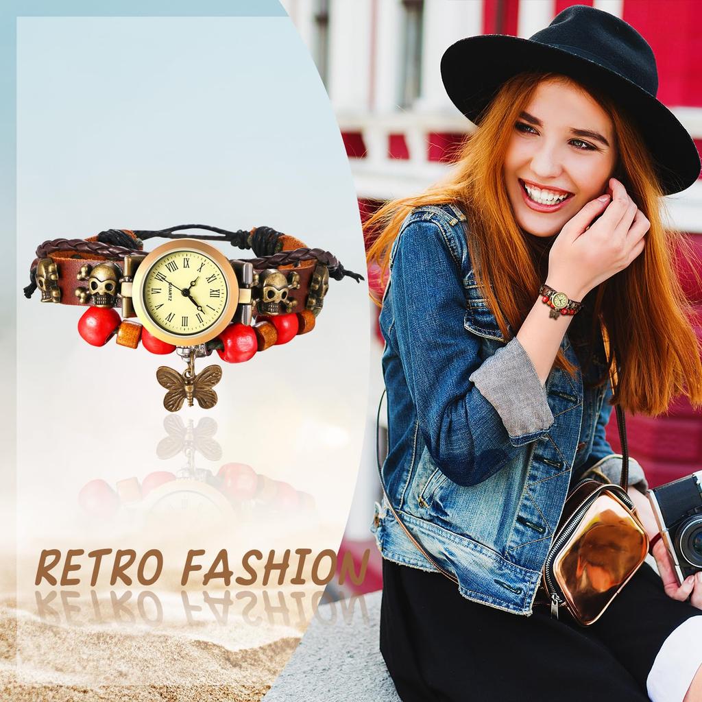 Schmetterlingsuhr für Damen, mehrfach aufziehbar, Ledergürtel, analog, Gebetsperlen-Armband, lässiges Damen-Accessoire, Geburtstagsgeschenk für Weihnachten