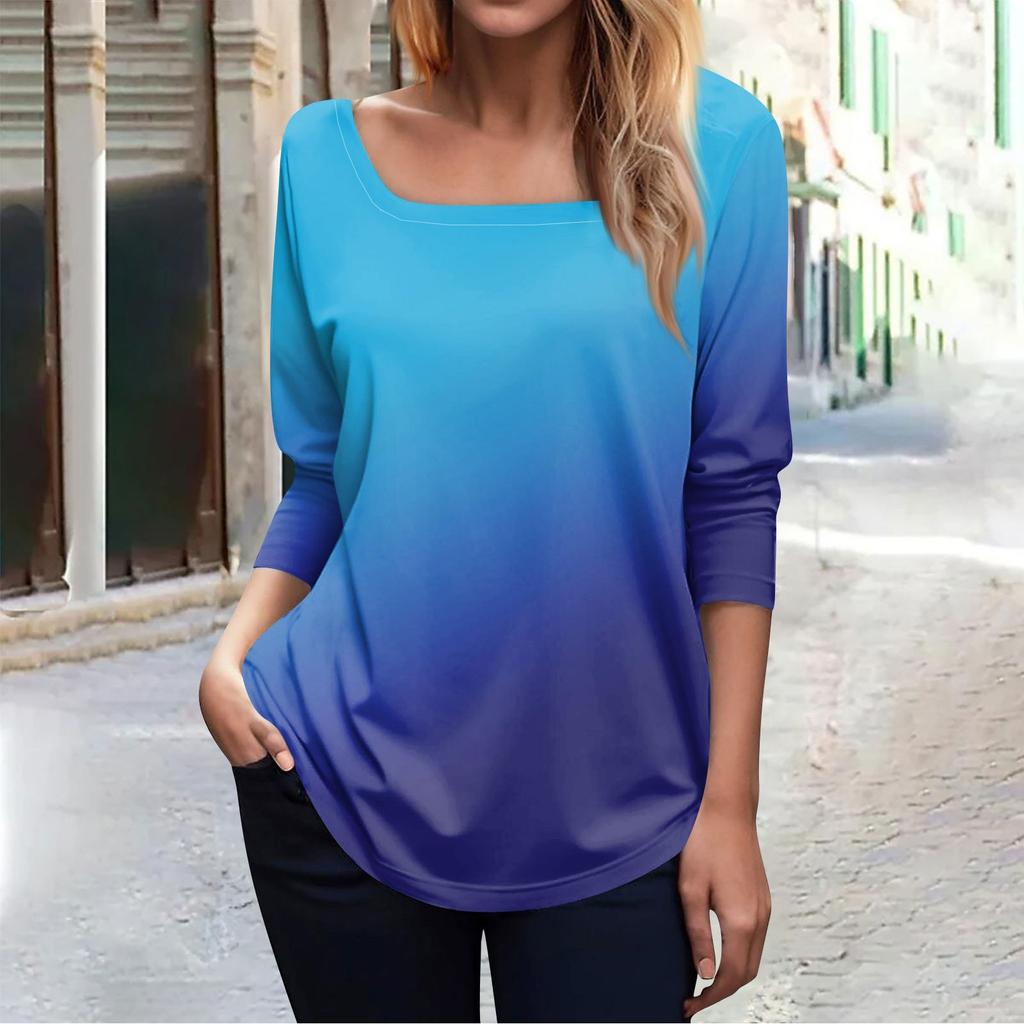 Women's Fashionable Waist Square Neck Long Sleeve Gradient Print T-Shirt Top