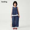 Retro Summer Lace Patchwork Denim Set - Sleeveless Vest & Wide-Leg Pants