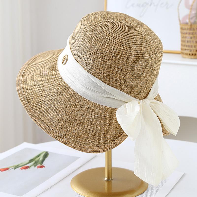 Elegant Webbing Big Eaves Sunshade Straw Hat Women's Summer Leisure Versatile Sunscreen Basin Hat Vacation Bucket Hat