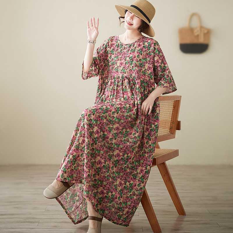 Round Neck Shoulder with Sleeves Large Swing Dress for Women