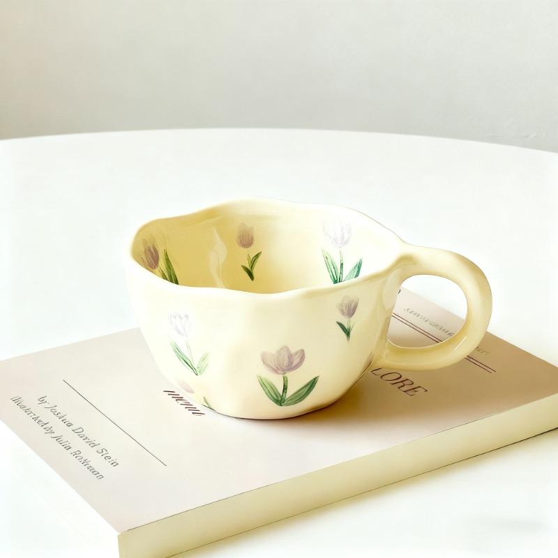 Flower face copyright ins Korean style cute milk yellow hand-kneaded irregular ceramic mug coffee cup oatmeal breakfast cup 201-300ml