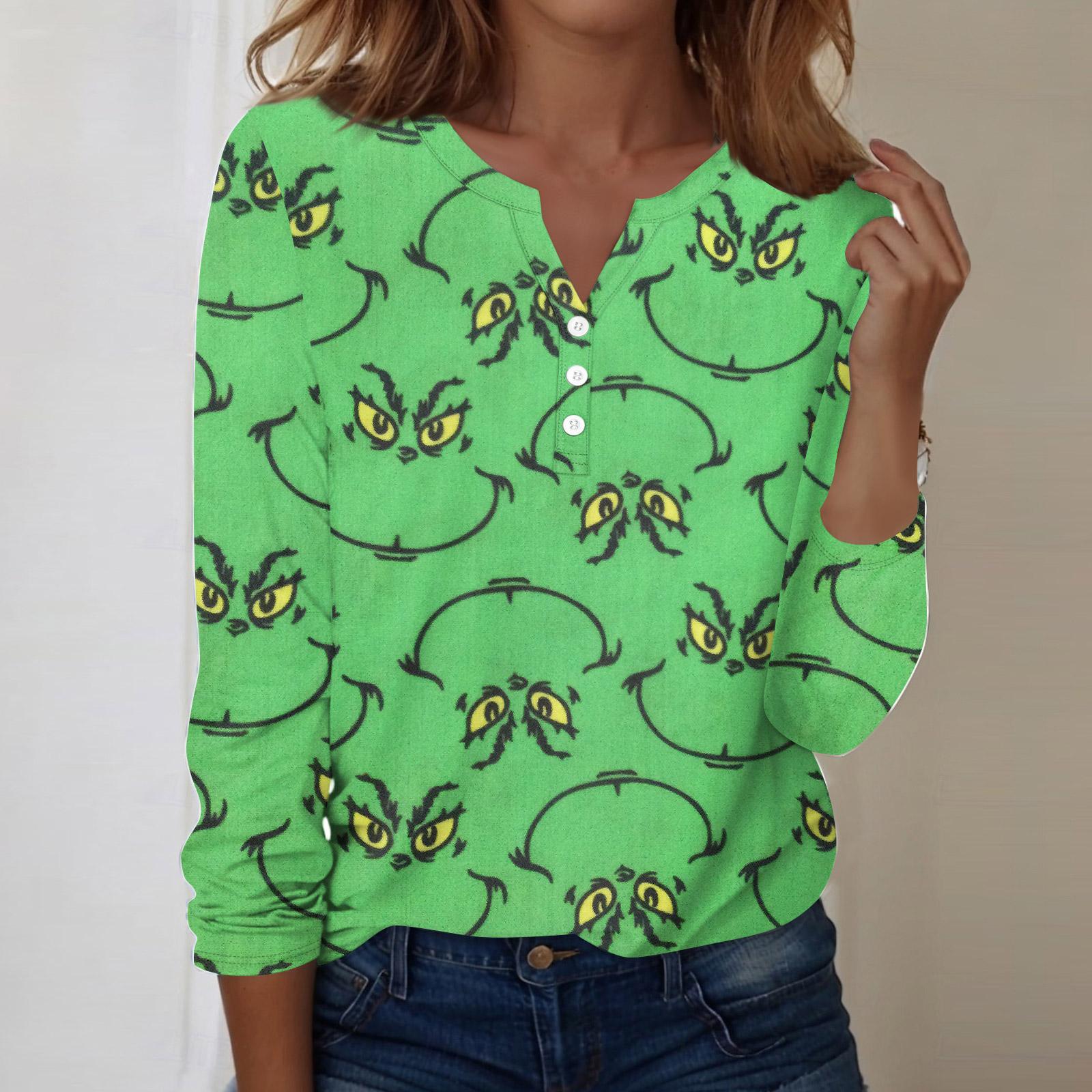 

Женская модная повседневная блузка с V-образным вырезом, длинным рукавом и декоративными пуговицами, с рождественским принтом L армия зеленый