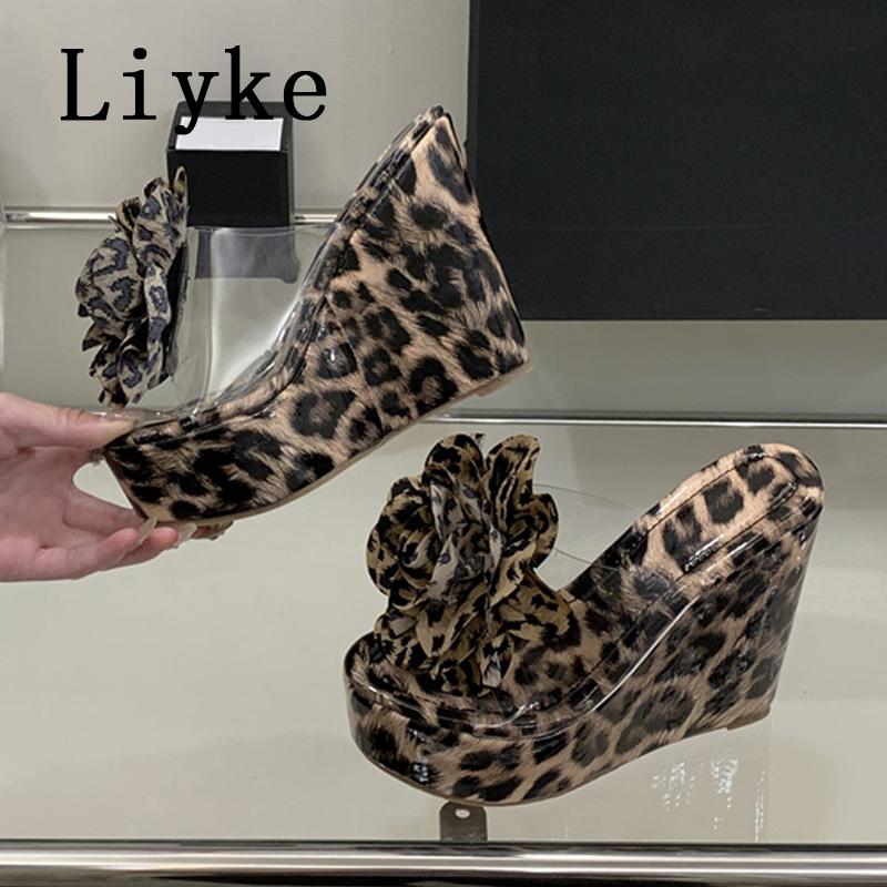 Fashion Liyke Sexy Leopard Print Platform High Heels Wedges Slippers For Woman Fashion Big Flowers Summer Transparent Sandal Female Shoe