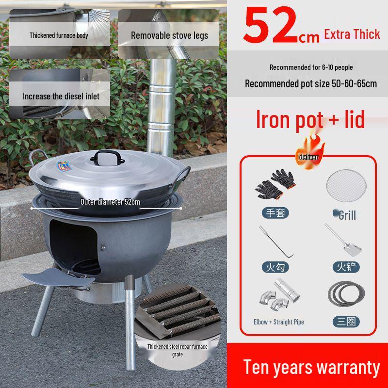 Thickened Integrated Firewood Stove for Outdoor & Rural Home Use: Portable Iron Pot & Extra Heat.