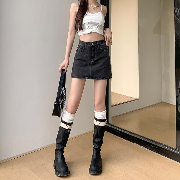 Women's High Waist White Denim Midi Skirt - Summer 2025 A-Line Bodycon Skirt with Anti-Exposure Design