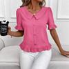 Women S Short Sleeve Blouse Doll Collar Pleated Solid Color Casual Top
