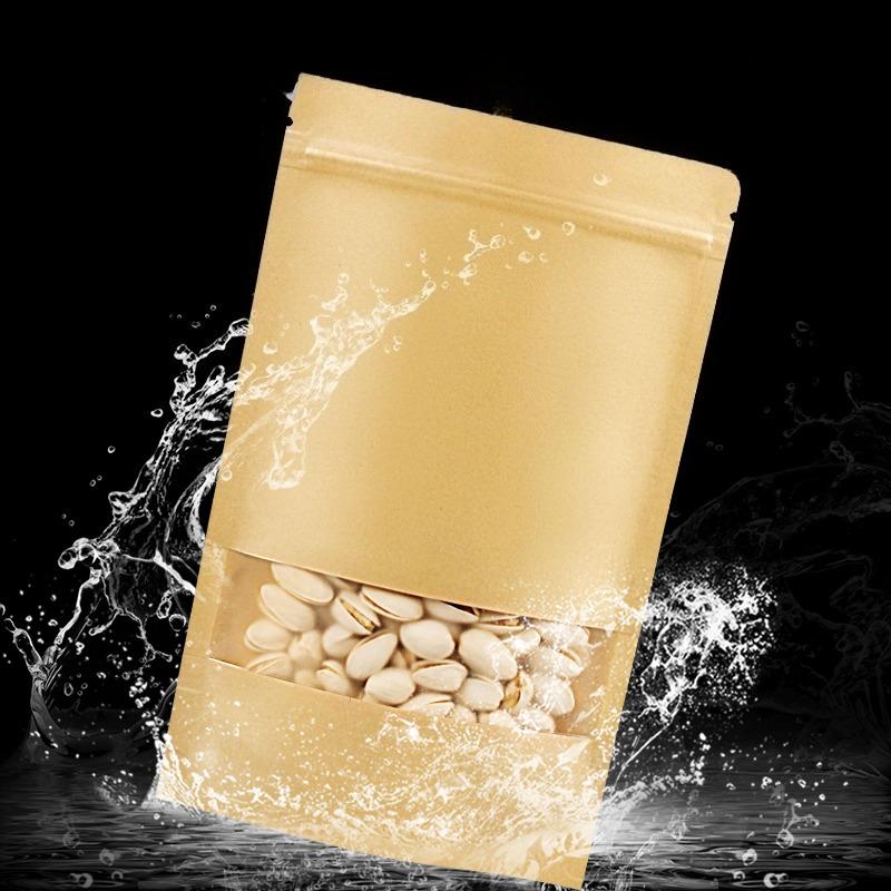 Sáček z kraftového papíru, samonosný, s průhledným okénkem, samouzavírací obalový sáček, ekologický zapečetěný obalový sáček, dostupný v několika velikostech