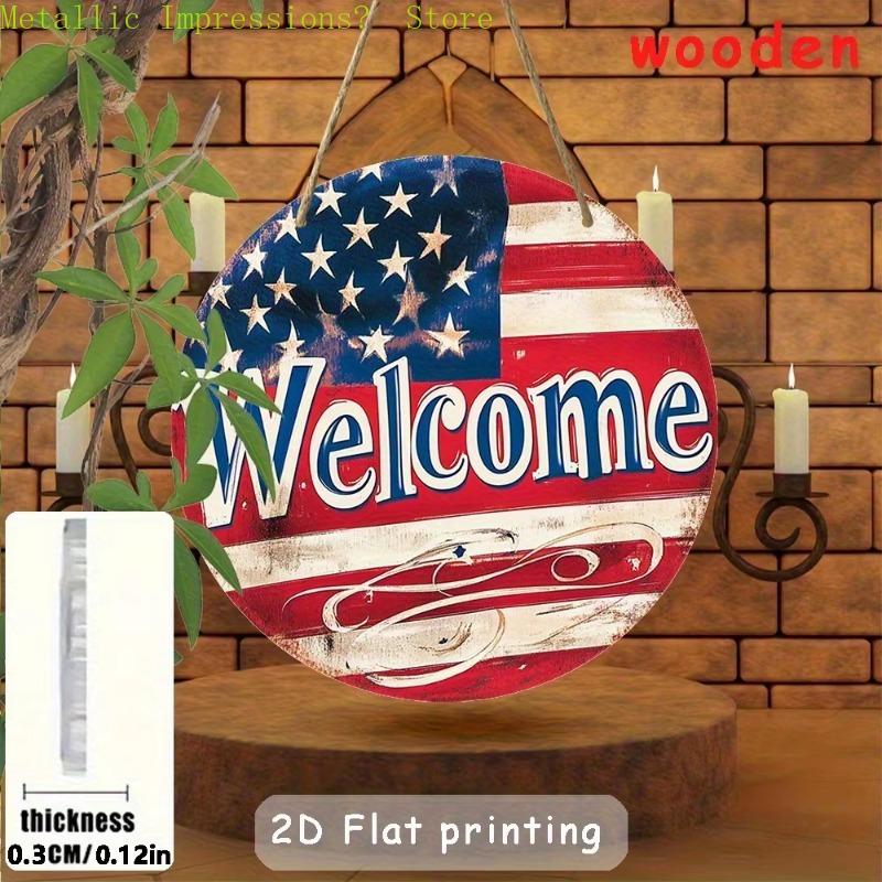 Round American Flag Welcome Wooden Hanging Sign D Flat Rustic Patriotic Door Hanger Vintage USA Flag Wall Art Decor for Home