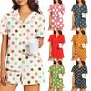 Damen Kurzarm Schlafanzug Set Polka Dot Knopfleiste Zweiteilig Rüschenbesatz Hauskleidung Nachtwäsche Oberteil und Shorts Set