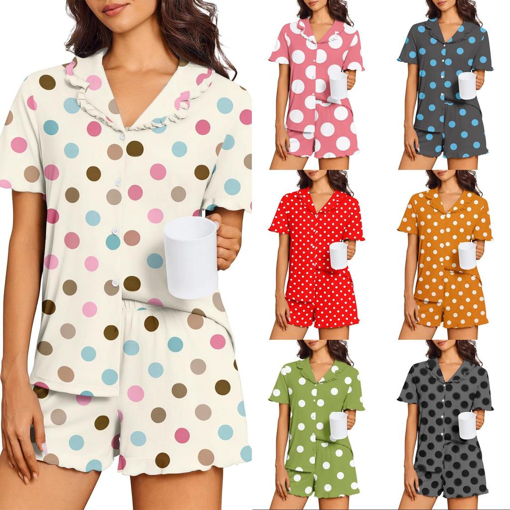 Damen Kurzarm Schlafanzug Set Polka Dot Knopfleiste Zweiteilig Rüschenbesatz Hauskleidung Nachtwäsche Oberteil und Shorts Set