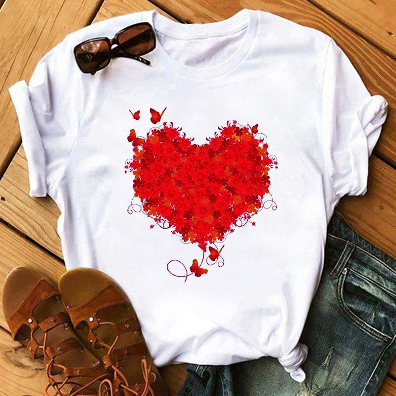 Fashion Kawaii Rose Flower Heart Graphic Women's T-Shirt Summer Loose Blouse 90S Short Sleeve O-Neck Tees Ladies White Y2K Tops