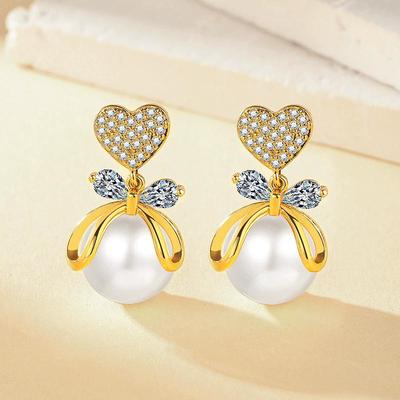S925 Sterlingsilber Koreanische Mikroeinlage Zirkonia Pfirsich Herz Schleife Perlen Ohrstecker für Elegante Frauen