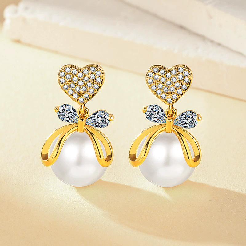 S925 Sterling Silver Korean Micro-set Zirconia Peach Heart Bow Knot Pearl Stud Earrings for Elegant Women