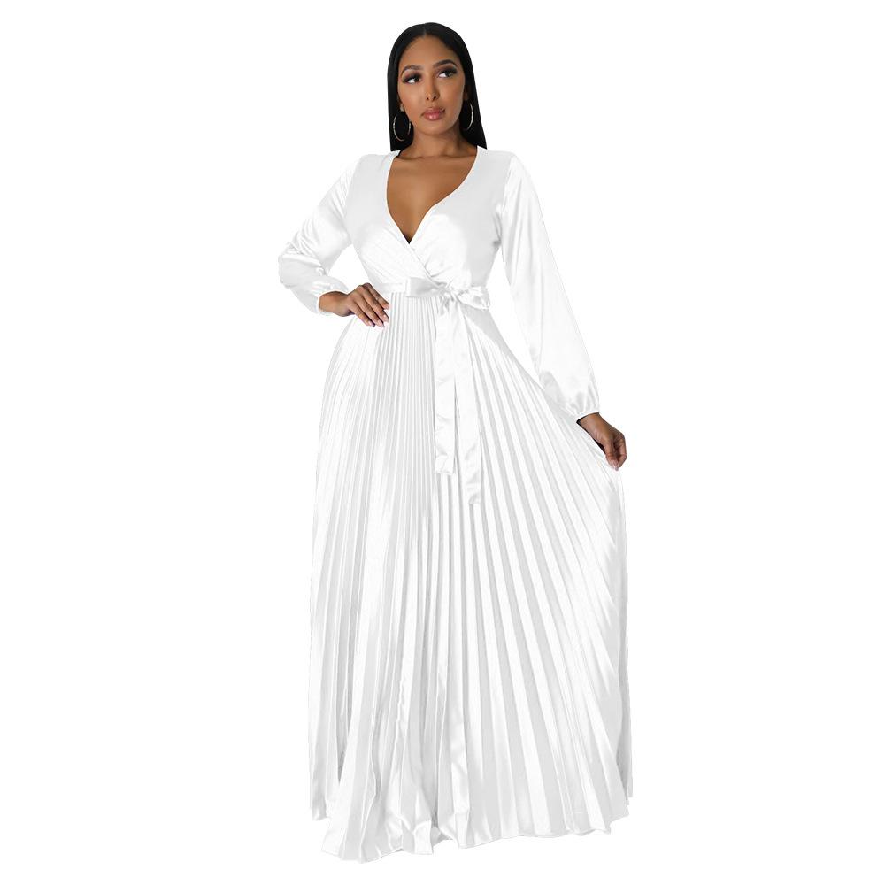 

Autumn Winter New Women s V-Neck Lantern Sleeve Tie-Waist Pleated Dress Long Satin Gown Pleated Dress Long Skirt S