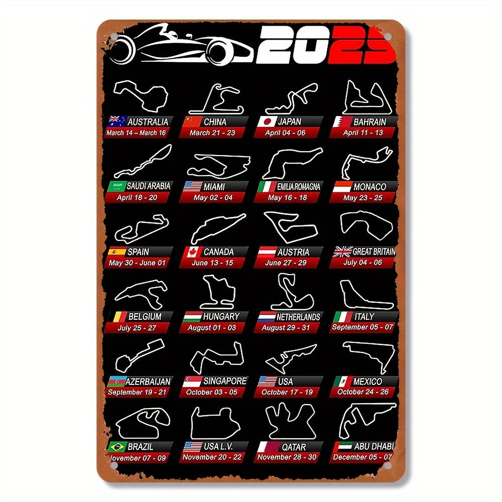 

2025 Retro Formula Racing Calendar Rustproof Metal Tin Sign with Vintage Race Track Design WeatherResistant Wall Art for Ga 20x30cm（7.8x11.8inch）