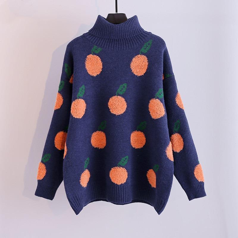 Autumn and Winter New Casual Loose Orange Pattern Turtleneck Long-sleeved Knitted Pullover Sweater Women