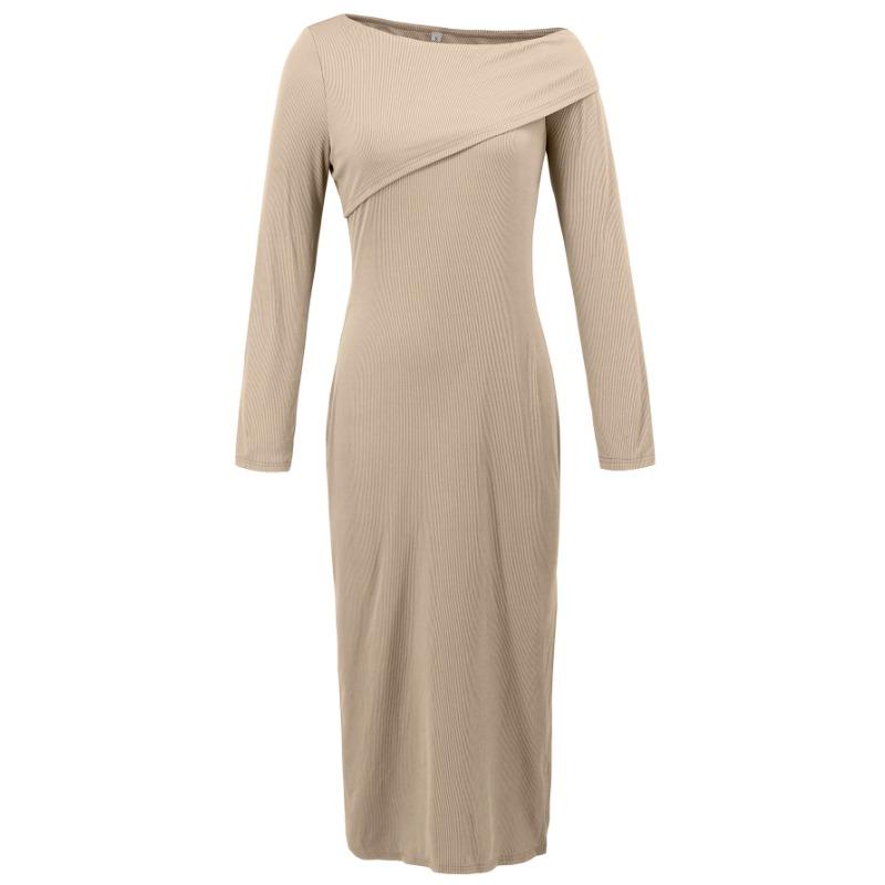 Damenkleid, sexy, schräge Schultern, Rippstrickkleid, Schlitz, langärmelig, Tasche, Hüftkleid