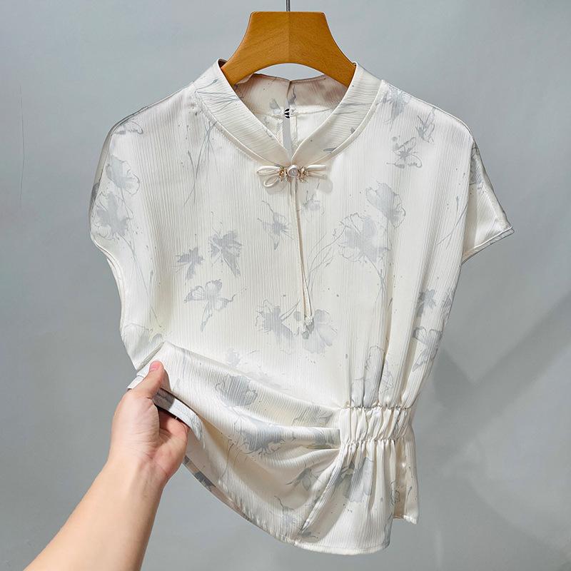 Stand-collar Retro Satin Jacquard Shirt for Women New Women's New Chinese Pleated Waist Top