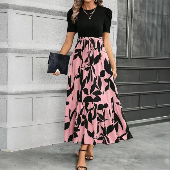 Robe d'été Col rond Manches courtes Taille haute Robe longue Épissure Imprimé feuille Ourlet fluide Robe maxi Vêtement quotidien