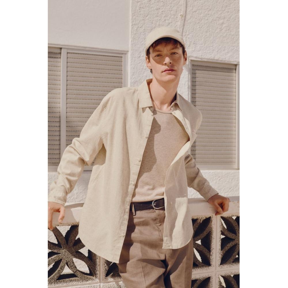 H M Regular Fit Linen Blend sHirt ligHt Beige