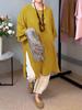 2026 summer new European and American women's solid color round neck seven-quarter sleeve casual linen split-ended long top