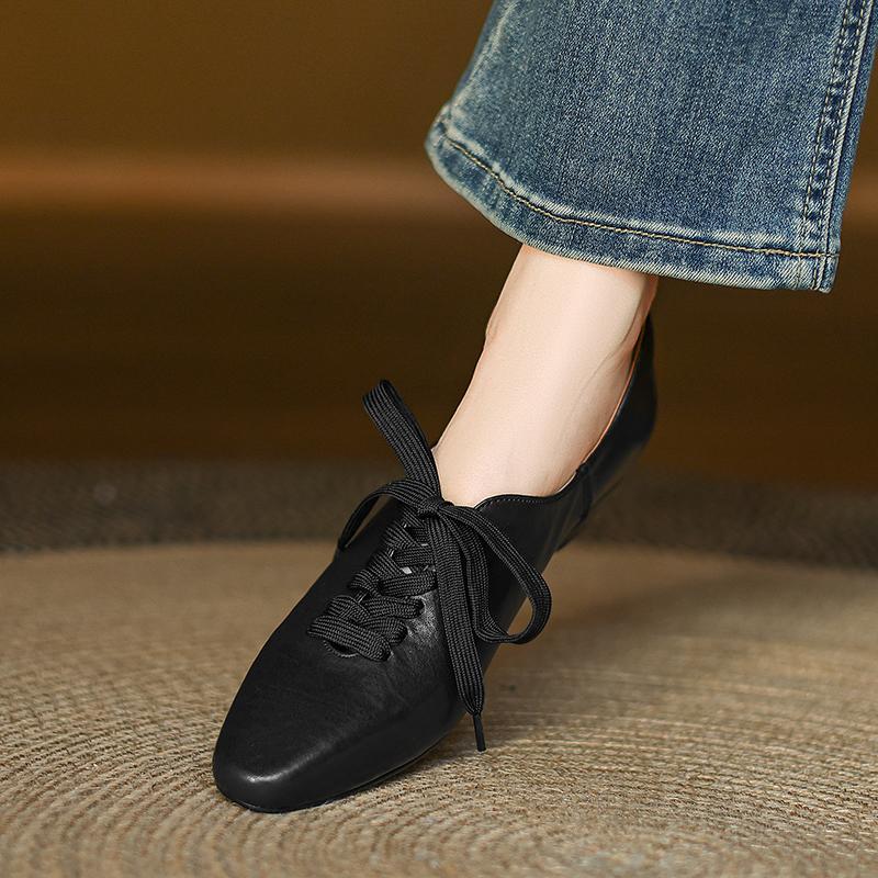 Mode Maat 34-41 Retro Lage Hak Schoenen voor Dames Echt Leer Veters Lage Hakken Schoenen Vintage Lente 2025 Nieuw Kantoor Dame Dagelijkse Jurk